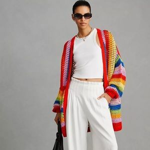 Farm Rio Rainbow Crochet Cardigan Sweater, Small
